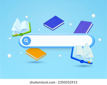 3d knowledge search, dictionary lookup, documentation banner template. Combination of search box and books, isolated on background. 3d vector illustration.