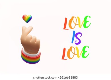 3d Korean heart gesture for Pride month. Three-dimensional vector illustration. Sexual diversity freedom for gay, transgender and LGBTQIA people. Love promotion scene with slogan