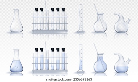 3 quinquies vectores de equipo de vaso de prueba de laboratorio. Laboratorio de ciencia de vidrio realista y tubo. Conjunto de frascos químicos aislados. Botella cilínica de medida científica vacía y rellena con agua de medicina fluida