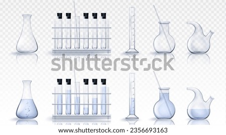 3d laboratory test glass beaker equipment vector. Science lab realistic glassware and tube. Isolated chemical flask set. Empty and filled scientific measuring cylinder bottle with fluid medicine water