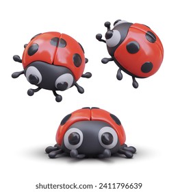 3D ladybug in different positions. Vector beetle, front, side, top view. Cute insect in cartoon style. Friendly creature. Templates for design with movement