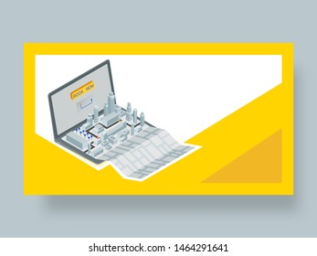 3D landing page design of cab booking app with location map and navigation points in laptop.
