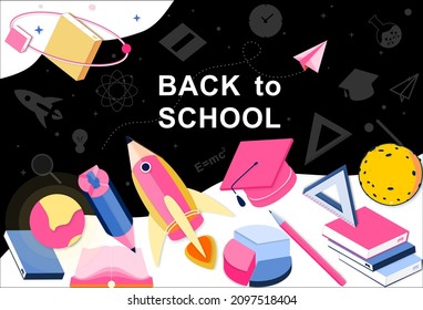 3d landing page design template for back to school, course, class, education in galaxy space imagination. Modern vector illustration concept for poster, banner, promotion, sale website and mobile app.