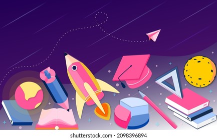 3d landing page design template for back to school, course, class, education in galaxy space imagination. Modern vector illustration concept for poster, banner, promotion, sale website and mobile app.