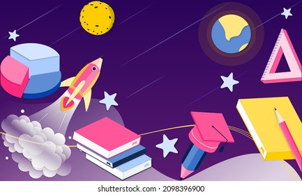 3d planilla de diseño de la página de inicio para volver a la escuela, curso, clase, educación en la imaginación del espacio de galaxia. Concepto moderno de ilustración vectorial para afiches, banner, promoción, venta web y aplicación móvil.