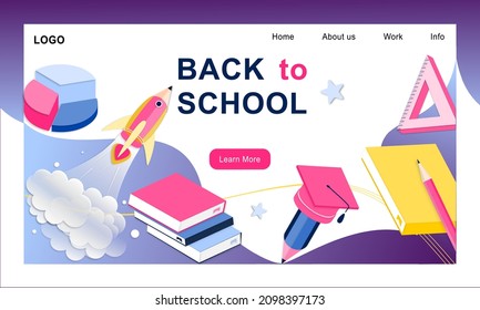 3d landing page design template for back to school, course, class, education in galaxy space imagination. Modern vector illustration concept for poster, banner, promotion, sale website and mobile app.