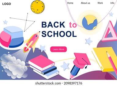 3d landing page design template for back to school, course, class, education in galaxy space imagination. Modern vector illustration concept for poster, banner, promotion, sale website and mobile app.