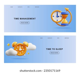 3d landing page set tamplate time management. Vector render watch, sleeping or deadline timer, orange alarm clock, hourglass, arrow. Realistic 3d planning app and web design in plastic cartoon style