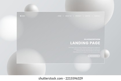 3d Landing page template in glassmorphism style  Horizontal Website screen and glass overlay effect isolated abstract background  Transparent rectangular glass plate  Trendy vector illustration 