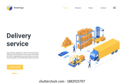 3d landing page website design with cartoon worker characters work on loader forklift, load pallet boxes in truck, loading process in warehouse. Isometric delivery logistic service vector illustration