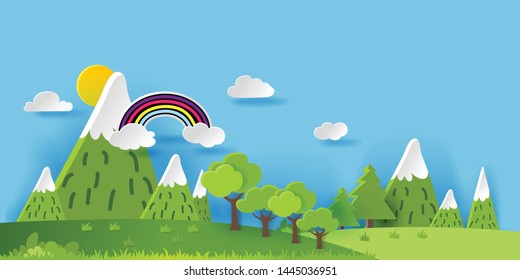 3D landscape concept design. Colorful hand crafted art. Paper cut style. Vector illustration EPS10. 