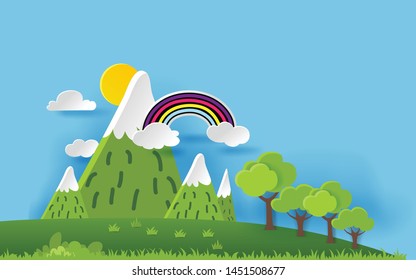 3D landscape concept design. Colorful hand crafted art. Paper cut style. Vector illustration EPS10. 