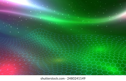3D landscape futuristic hexagon, technology and science concept. Hexagon and honeycomb, digital field. Big data stream. Network connection. Artificial intelligence. Technology wallpaper. Vector EPS10.