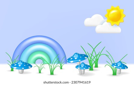 3D landscape with grass and blue mushrooms. Vector grass, blue mushrooms on the lawn, sun, clouds and rainbow