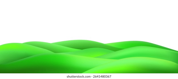 3D  landscape with green hills, mountains, and a textured grass field creates a playful eco friendly park scene.Childish vector illustration.