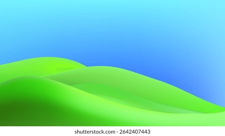 3D  landscape with green hills, mountains, and a textured grass field creates a playful eco friendly park scene.Childish vector illustration.