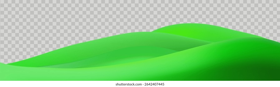 3D  landscape with green hills, mountains, and a textured grass field creates a playful eco friendly park scene.Childish vector illustration.