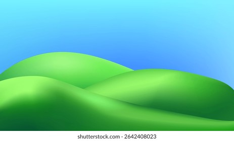3D  landscape with green hills, mountains, and a textured grass field creates a playful eco friendly park scene.Childish vector illustration.
