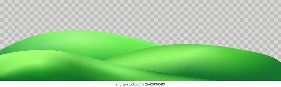 3D  landscape with green hills, mountains, and a textured grass field creates a playful eco friendly park scene.Childish vector illustration.