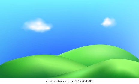3D  landscape with green hills, mountains, and a textured grass field creates a playful eco friendly park scene.Childish vector illustration.