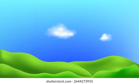 Paisagem 3D com colinas verdes, montanhas, e um campo de grama texturizado cria um parque agradável eco amigável cena.ilustração vetor infantil.