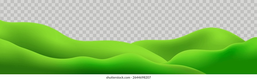 3D  landscape with green hills, mountains, and a textured grass field creates a playful eco friendly park scene.Childish vector illustration.