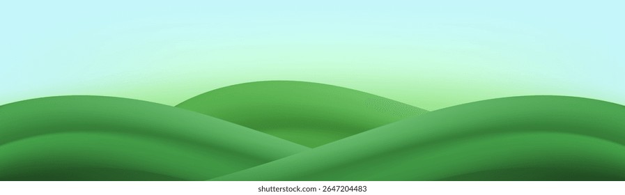 3D  landscape with green hills, mountains, and a textured grass field creates a playful eco friendly park scene.Childish vector illustration.