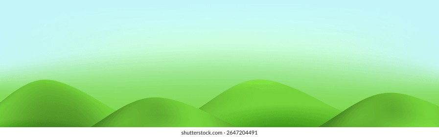 3D  landscape with green hills, mountains, and a textured grass field creates a playful eco friendly park scene.Childish vector illustration.