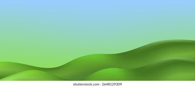3D  landscape with green hills, mountains, and a textured grass field creates a playful eco friendly park scene.Childish vector illustration.