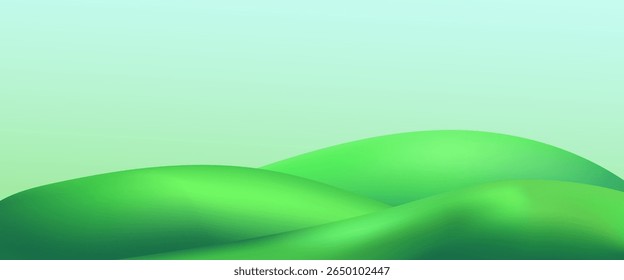 3D  landscape with green hills, mountains, and a textured grass field creates a playful eco friendly park scene.Childish vector illustration.