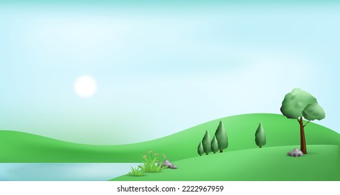 3d landscape illustration with hills and river 3d trees, cloud and sun. vector illustration.