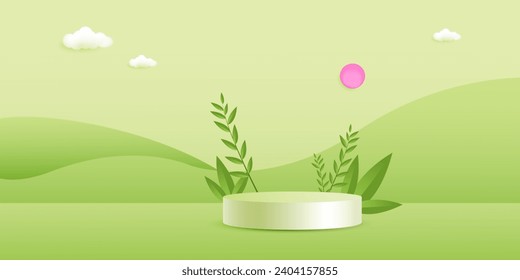 3D landscape illustration with podium for mock up and product presentation with tree, mountains hill leaves decoration vector illustration.