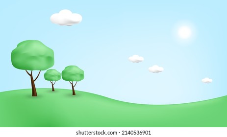 3d landscape illustration with 3d trees, cloud and sun. vector illustration.