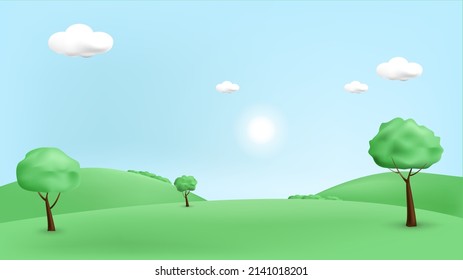 Ilustración paisajística 3d con árboles 3d, nubes y sol. ilustración vectorial.