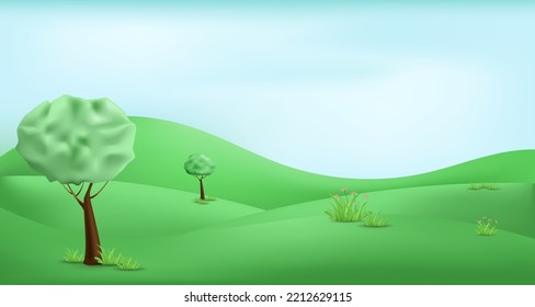 3d landscape illustration with 3d trees, cloud and sun. vector illustration.