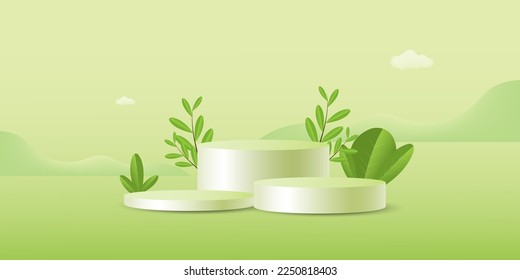 3d landscape illustration with 3d trees, cloud and sun. vector illustration.