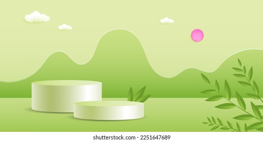 Ilustración paisajística 3d con árboles 3d, nubes y sol. ilustración vectorial.