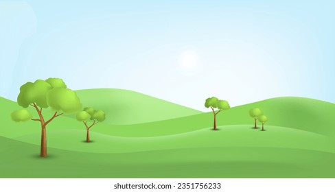 Ilustración paisajística 3d con árboles 3d, nubes y sol. ilustración vectorial.