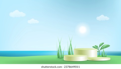 3d landscape illustration with 3d trees, cloud and sun. vector illustration.