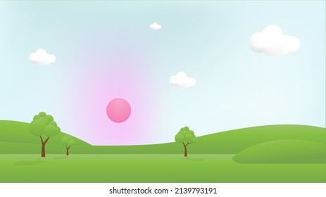 3d landscape illustration with 3d trees and sun. vector illustration.