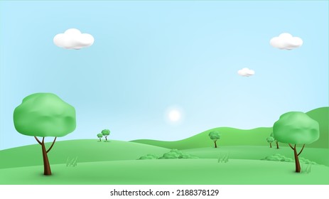 3d landscape mountain and hills illustration with 3d trees, cloud and sun. vector illustration.