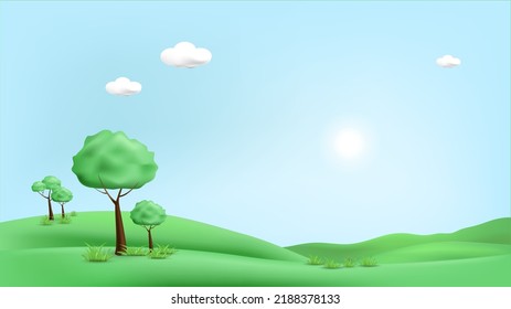 3d landscape mountain and hills illustration with 3d trees, cloud and sun. vector illustration.