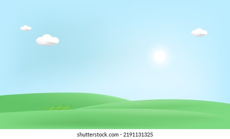 3d landscape mountain and hills illustration with 3d trees, cloud and sun. vector illustration.