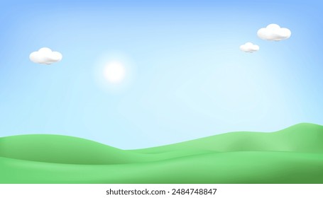 3d landscape mountain and hills illustration with 3d trees, cloud and sun. vector illustration.