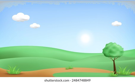 3d landscape mountain and hills illustration with 3d trees, cloud and sun. vector illustration.