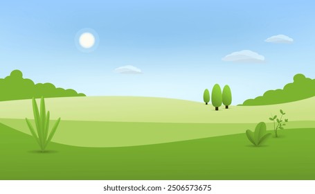 3D Landschaft Berg und Hügel Illustration mit 3D Bäume, Wolke und Sonne. Vektorgrafik.