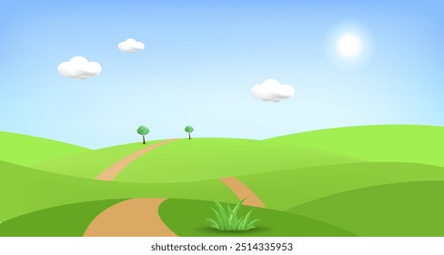 3d paisagem montanha e colinas ilustração com árvores 3d, nuvem e sol. ilustração vetorial.	