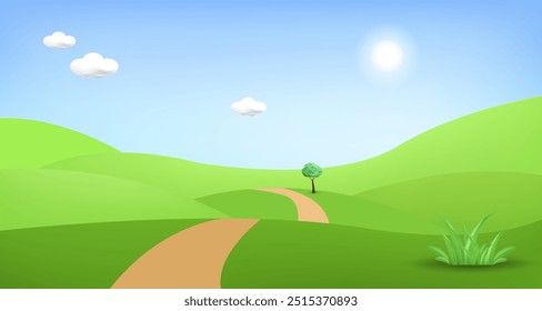 3d landscape mountain and hills illustration with 3d trees, cloud and sun. vector illustration.	