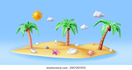 3D Landscape of Palm Tree on Beach. Render Tropical Island with Starfish. Sun with Clouds. Concept of Summer Vacation. Summer Holiday, Time to Travel. Beach Relaxation. Realistic Vector Illustration