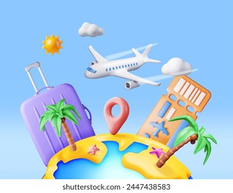 Paisaje 3D de la palmera en la playa, avión, boleto y bolsa. Render Tropical Island con estrellas de mar. Sol con nubes. Concepto de vacaciones de verano. Festiva de verano, hora de viajar. Ilustración vectorial